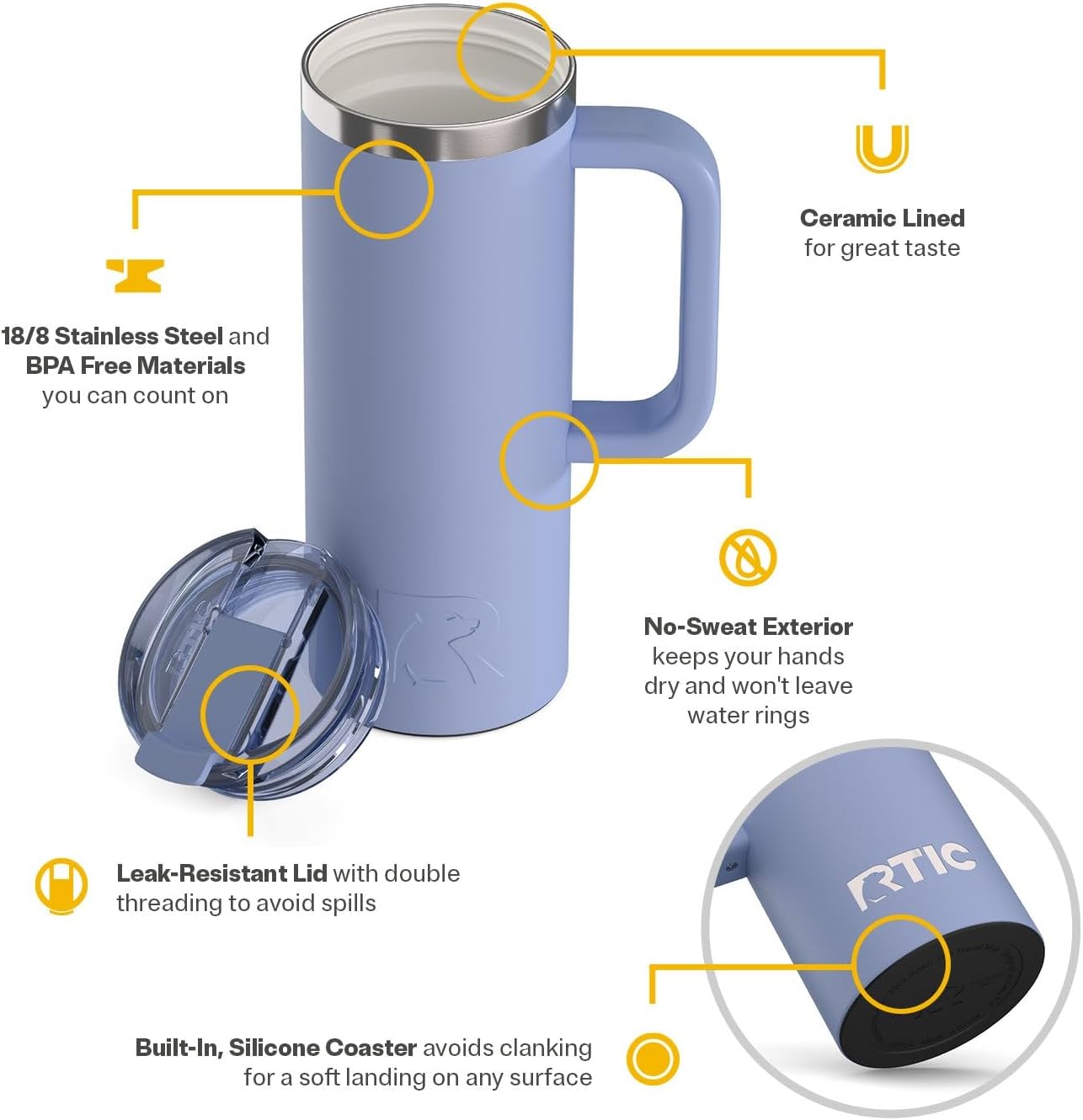 RTIC 20oz Road Trip Travel Mug with Lid and Handle, Ceramic Lined, Insulated, Stainless Steel, Metal, Double Wall Vacuum-Insulation, Portable Coffee, Tea Cup for Hot and Cold Drink, Black