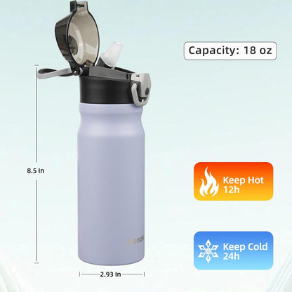 Konokyo 18 oz Insulated Water Bottle with Straw Lid, Stainless Steel Vacuum Sports Water Bottle, Leak-Proof Reusable Metal Flask with Carry Loop, BPA-Free Travel Bottle for Gym, School, Office