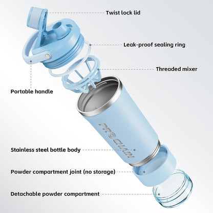 PROCHAIN Insulated Stainless Steel Shaker Bottle, Metal Shaker Cup for Protein Shakes with Storage, Leak-Proof Twist Lock Lid, Perfect for Gym Sports, 20 oz