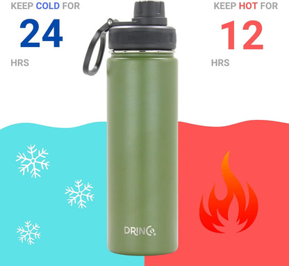 Drinco Stainless Steel Water Bottle Spout Lid Vacuum Insulated Double Wall Water Bottle Wide Mouth (40oz 32oz 22oz 18oz 14oz) Leak Proof Keep Cold Sport Camping Hiking (22 oz, 22oz Black)