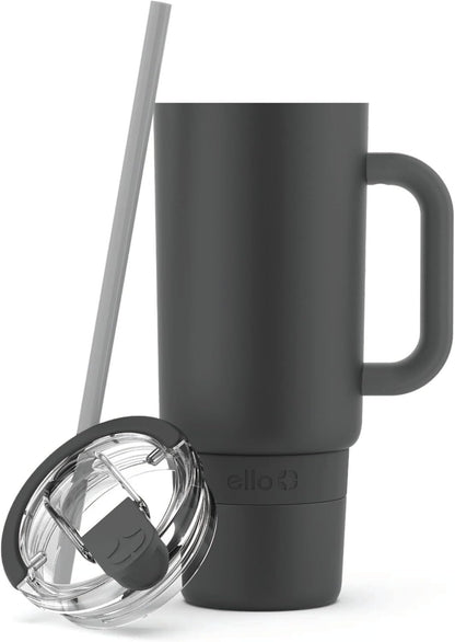 Ello Port 40oz Tumbler with Carry Loop & Integrated Handle, Vacuum Insulated Stainless Steel Reusable Water Bottle, Travel Mug with Leak Proof Lid & Straw, Perfect for Iced Coffee & Tea, White