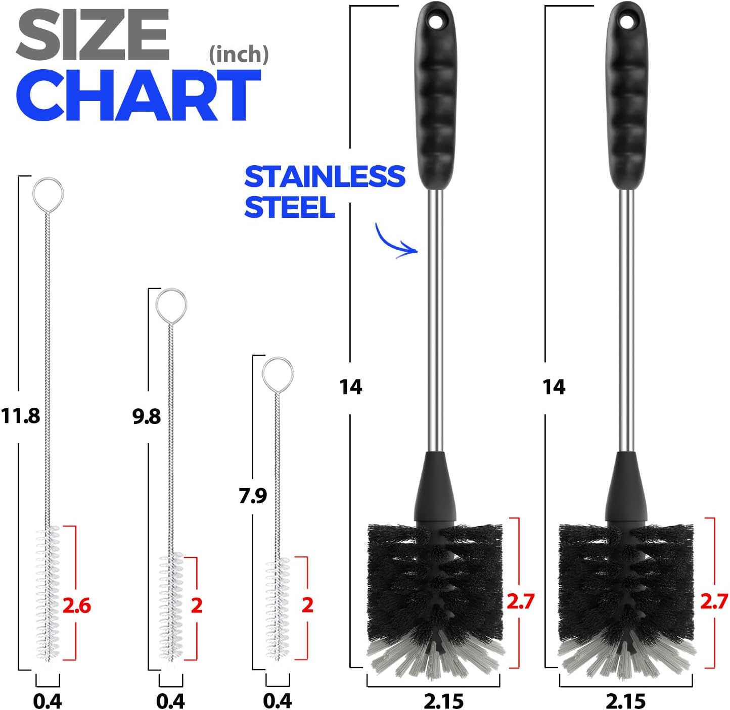 Holikme 6 Pack Bottle Brush Set, 14" Long Handle Stainless Steel Bottle Cleaner Brush, 3 Straw Brushes, 4-in-1 Bottle Cleaning Brush for Water Bottle, Antistatic Lab Brushes Straws, Black