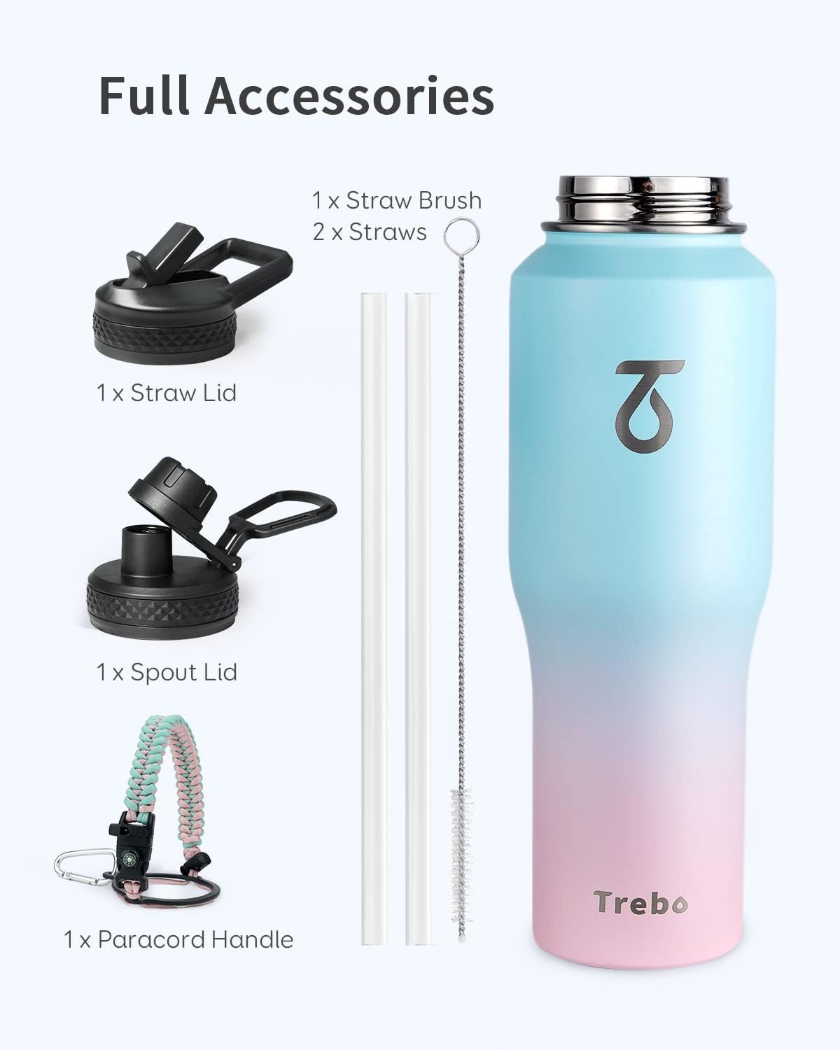 Trebo 40 oz Water Bottle Insulated Fit Car Cup Holder with Handle, Stainless Steel Water Bottles Tumbler with Spout Straw Lids, Double Wall Travel Reusable Flask, Leakproof Mug,Keep Cold &Hot,Black