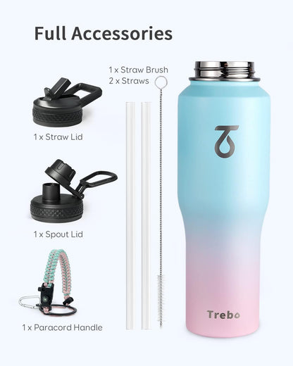 Trebo 40 oz Water Bottle Insulated Fit Car Cup Holder with Handle, Stainless Steel Water Bottles Tumbler with Spout Straw Lids, Double Wall Travel Reusable Flask, Leakproof Mug,Keep Cold &Hot,Black
