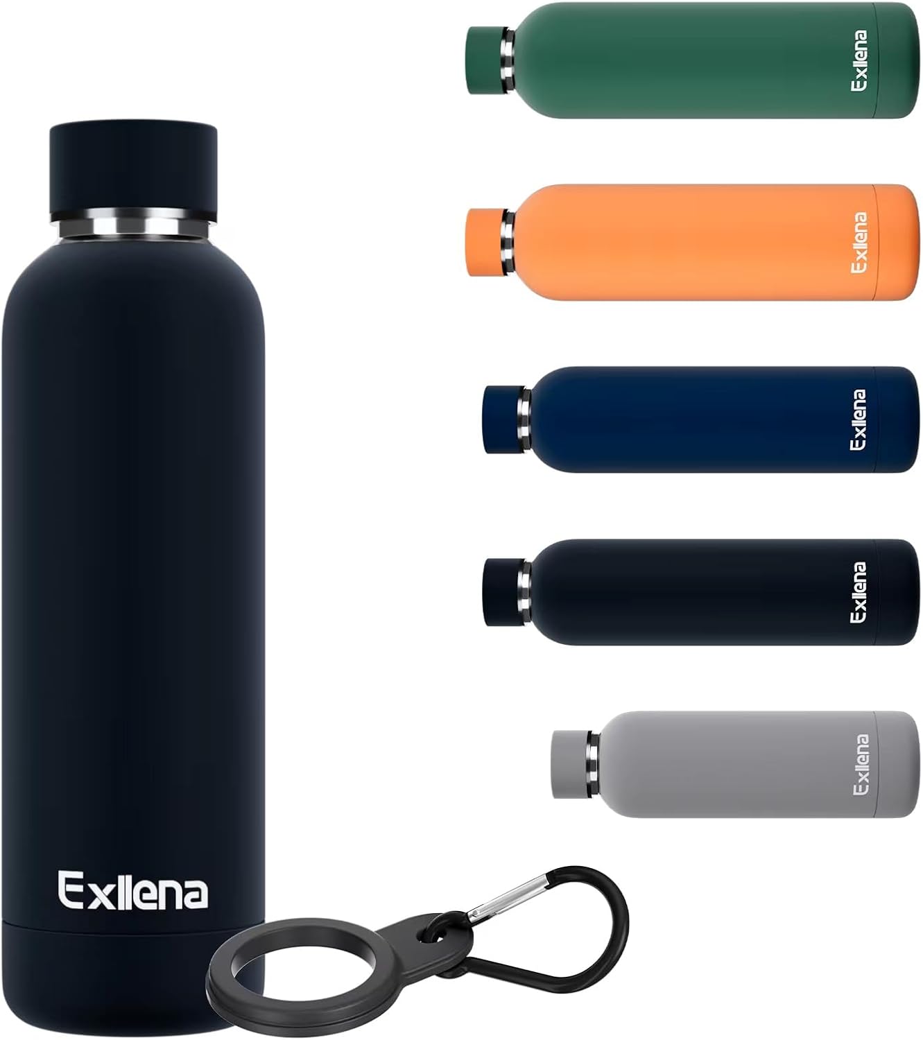 Exllena Slim Insulated Water Bottles for Travel 18oz with Clip, Double Wall Vacuum Stainless Steel Water Bottle Keeps Drinks Cold 24 Hrs/Hot 12 Hrs, 100% Leakproof, BPA Free(Black)