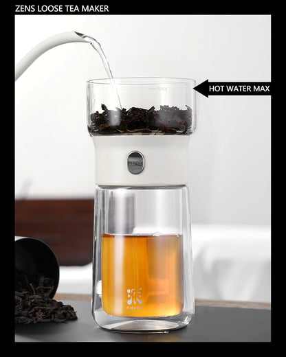 ZENS Modern Glass Infuser Teapot, One Touch Tea Maker for Loose Leaf Tea with Insulated Mug and Portable Case. Enchanted Pot Alternatives for Tea Lover Gifts