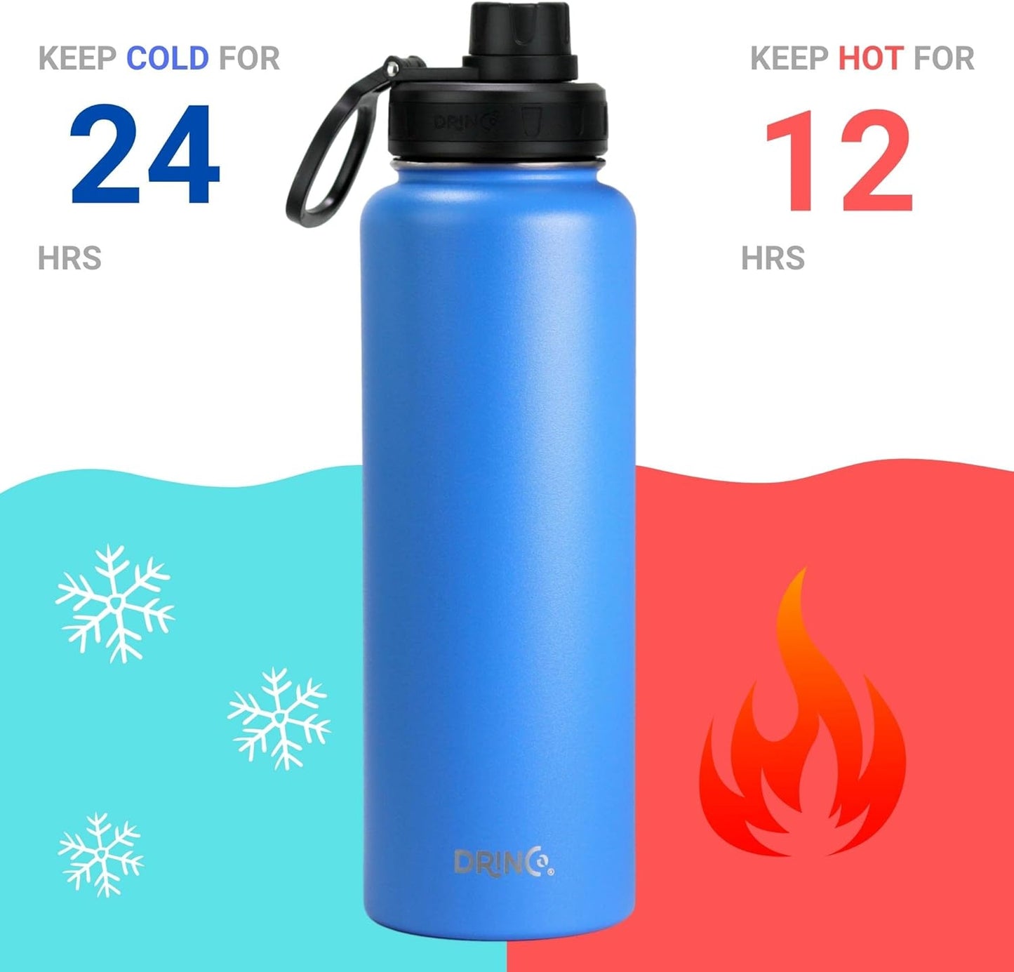 Drinco Stainless Steel Water Bottle Spout Lid Vacuum Insulated Double Wall Water Bottle Wide Mouth (40oz 32oz 22oz 18oz 14oz) Leak Proof Keep Cold Sport Camping Hiking (22 oz, 22oz Black)