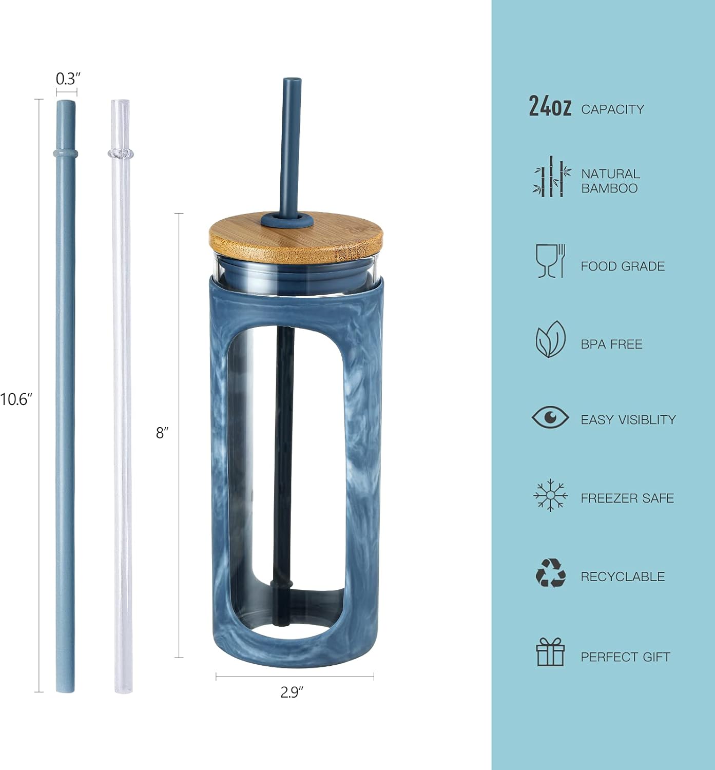 Kodrine 20oz Glass Water Tumbler with Straw and Lid, Bamboo Lids Water Bottle, Iced Coffee Cup Reusable, Wide Mouth Smoothie Cups with Protective Silicone Sleeve BPA FREE-Black - Colors B