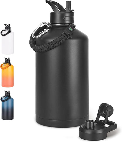 Fijinhom 24 oz Insulated Water Bottle with Handle, 304 Stainless Steel Water Bottles with Wide Mouth, Double Wall Vacuum Sports Water Bottle, BPA Free, Keep Cold and Hot, Black | with Handle