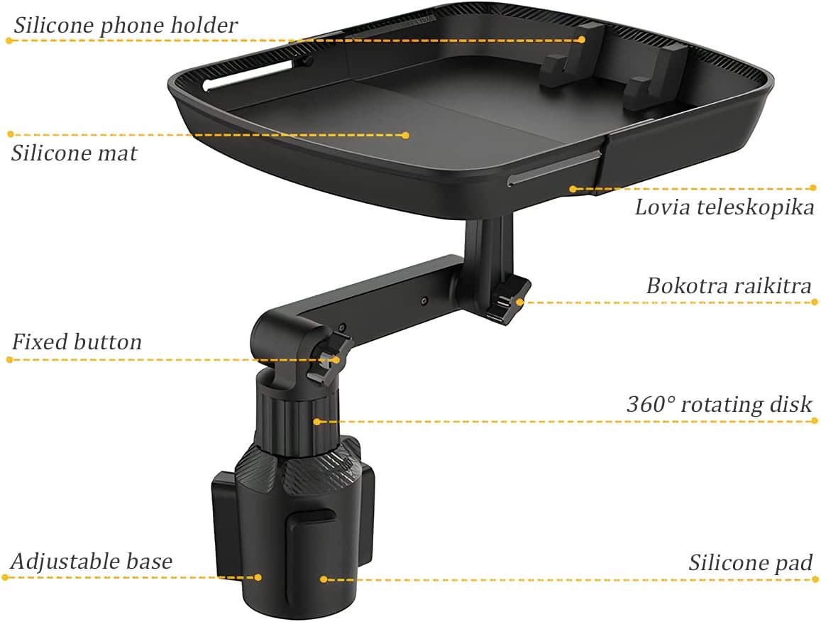 Car Cup Holder Tray Table, Cup Table Holder for Car Drink Holders Tray, 360º Adjustable with Rotating Arm Phone Slot, Non-Slip Stretchable Car Tray for Eating, Cup Table Holder for Car