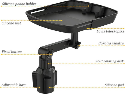Car Cup Holder Tray Table, Cup Table Holder for Car Drink Holders Tray, 360º Adjustable with Rotating Arm Phone Slot, Non-Slip Stretchable Car Tray for Eating, Cup Table Holder for Car