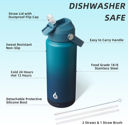 BJPKPK Insulated Water Bottle with Straw Lid, 18oz Thermo Water Bottles with Soft Nozzle, Flex Handle & Non-slip Boot, BPA Free Leak Proof Stainless Steel Metal Thermo, Tumblers, Cups,Sea Salt