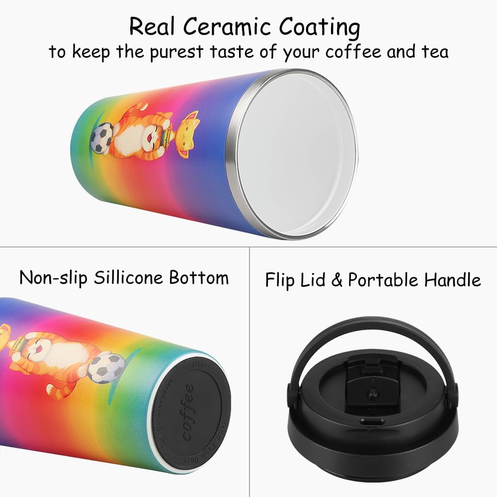 Funkrin Insulated Coffee Mug with Ceramic Coating, 16oz Iced Coffee Tumbler Cup with Flip Lid and Handle, Double Wall Vacuum Leak-Proof Travel Mug for Office School Party Camping
