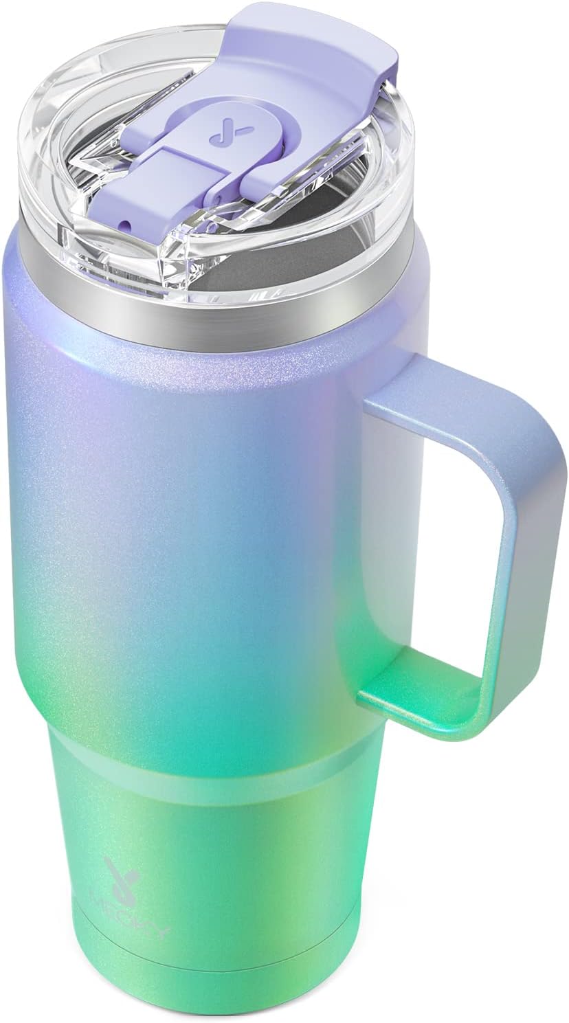 Meoky 32oz Tumbler with Handle, Stainless Steel Travel Mug with 2-in-1 Straw and Sip Lid, Vacuum Insulated Coffee Mug, 100% Leak Proof, Keeps Cold for 24 Hours or Hot for 8 Hours (Sky)