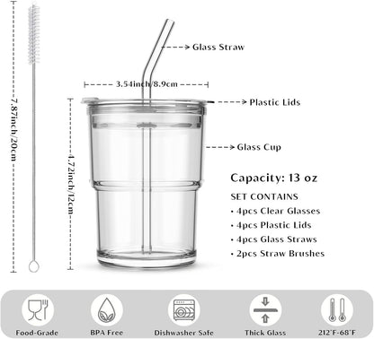 INSETLAN 13oz Portable Glass Tumblers Set of 2, Thick Wall Glass Cups with Lid and Glass Straw, On-the-Go Coffee Cups for Iced Coffee, Tea, Milk, Hot & Cold Drinks, Travel & Daily Use