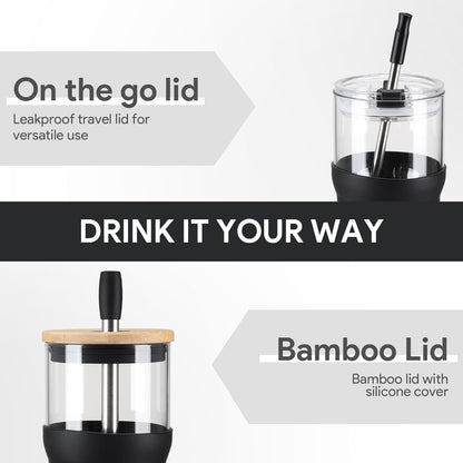 Glass Tumbler with Lids and Straws, 20 oz Iced Coffee Cup and Smoothie Cup with Bamboo Lid and On the go Lid,Glass Cups With Straws