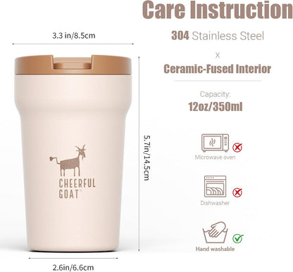 CHEERFUL GOAT Insulated Coffee Mug – Stainless Steel Travel Coffee Tumbler with Ceramic Liner, 12oz Coffee Cup for Hot and Cold Water Coffee at Home, Office, or On the Go (orange)
