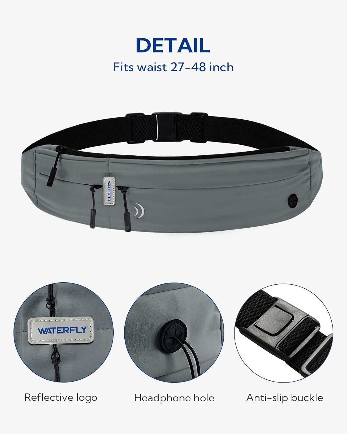 WATERFLY Running Belt Fanny Pack: Runner Marathon Jogging Waist Pack Sport Workout Exercise Fitness Phone Holder Belt for Men Women Jogger Slim Waist Bag Black