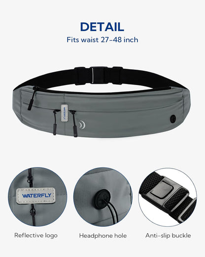 WATERFLY Running Belt Fanny Pack: Runner Marathon Jogging Waist Pack Sport Workout Exercise Fitness Phone Holder Belt for Men Women Jogger Slim Waist Bag Black
