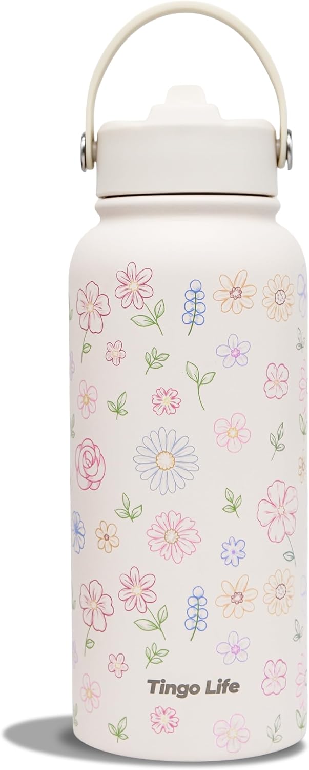 25oz Insulated Stainless Steel Aesthetic Cute Water Bottle - 2 Lids Included (Straw + Sport Handle), Leakproof BPA-Free, Dreamy Cream Cute Floral Design, Perfect Gym/Yoga/Office Companion