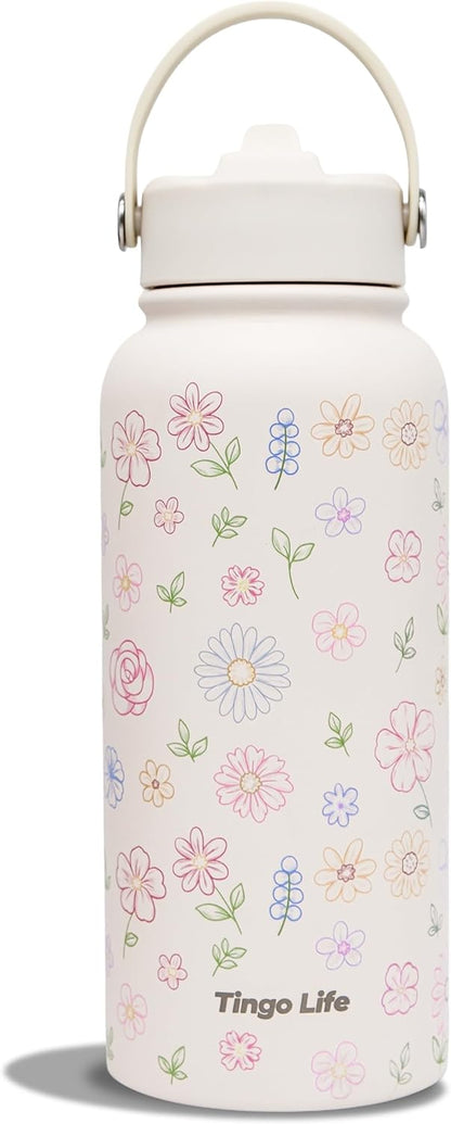25oz Insulated Stainless Steel Aesthetic Cute Water Bottle - 2 Lids Included (Straw + Sport Handle), Leakproof BPA-Free, Dreamy Cream Cute Floral Design, Perfect Gym/Yoga/Office Companion