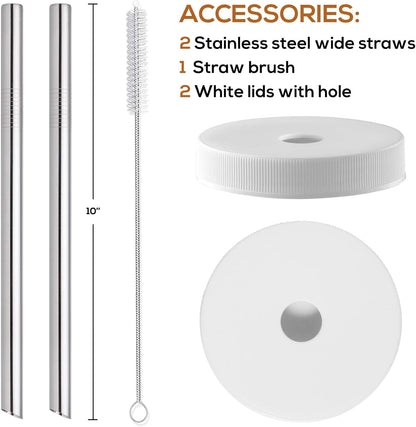 8 Pack 16OZ Glass Juice Bottles with 8 Airtight Lids & 2 Straw Lids & 2 Straws - Freezable Juice Container, Travel Juicing Jars, Drinking Water Cups - Reusable Tall Mason Jar for Tea, Juice, Smoothies