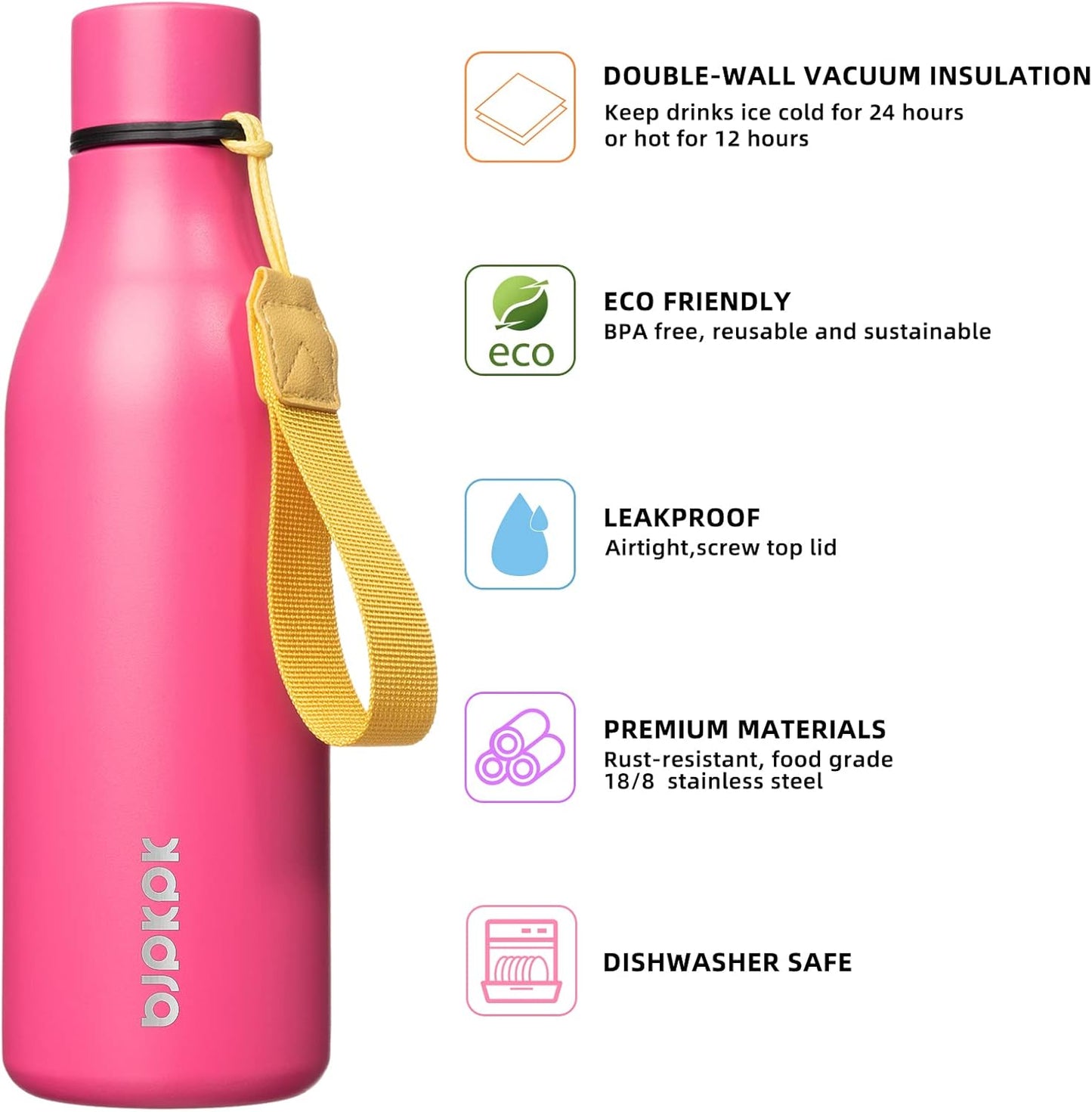 BJPKPK Insulated Water Bottles, 18 oz Stainless Steel Metal Water Bottle with Strap, BPA Free Leak Proof Jugs, Mugs, Flasks, Reusable Thermal Flasks for Sports & Travel, Black - Colors B