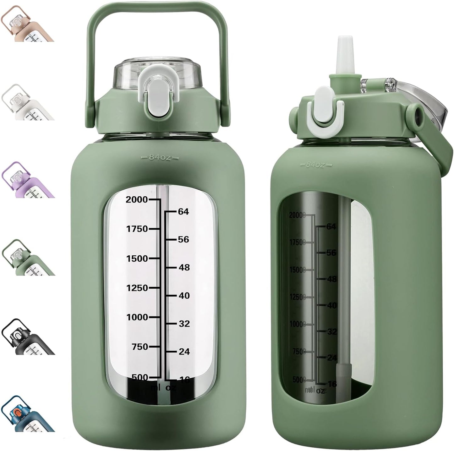64oz Glass Water Bottles with Straw, Half Gallon Motivational Glass Bottle with Silicone Sleeve and Time Marker, 2L Leakproof Large Glass Water Jug for Gym Home Office,olive