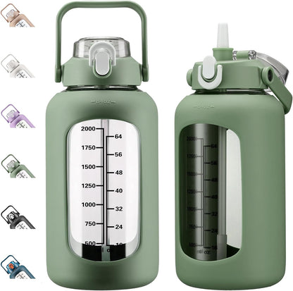 64oz Glass Water Bottles with Straw, Half Gallon Motivational Glass Bottle with Silicone Sleeve and Time Marker, 2L Leakproof Large Glass Water Jug for Gym Home Office,olive