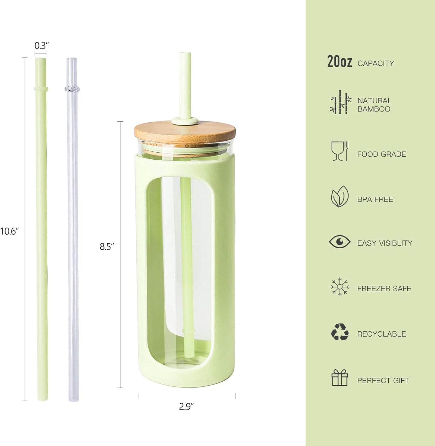 Kodrine 20oz Glass Water Tumbler with Straw and Lid, Bamboo Lids Water Bottle, Iced Coffee Cup Reusable, Wide Mouth Smoothie Cups with Protective Silicone Sleeve BPA FREE-Black - Colors A