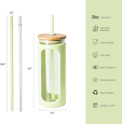 Kodrine 20oz Glass Water Tumbler with Straw and Lid, Bamboo Lids Water Bottle, Iced Coffee Cup Reusable, Wide Mouth Smoothie Cups with Protective Silicone Sleeve BPA FREE-Black - Colors A