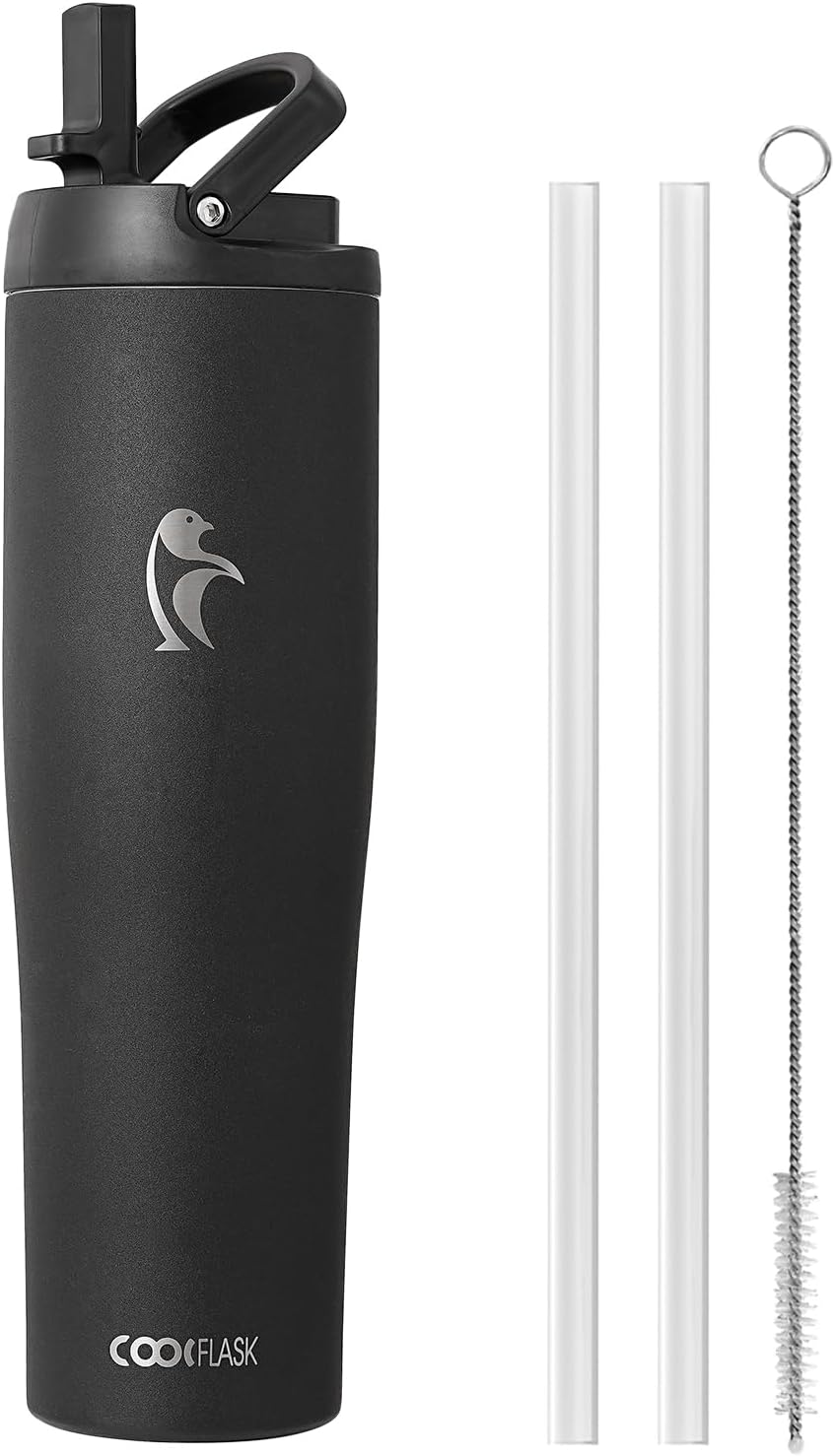 Coolflask Water Bottle 40 oz Fits Car Cup Holder, Slim Tumbler Stainless Steel with Straw & Handle, Vacuum Flask Leakproof Wide Mouth for Travel Sports Gym, Black