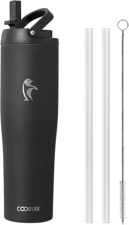 Coolflask Water Bottle 40 oz Fits Car Cup Holder, Slim Tumbler Stainless Steel with Straw & Handle, Vacuum Flask Leakproof Wide Mouth for Travel Sports Gym, Black
