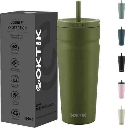 COKTIK 24oz Insulated Tumbler with Lid and Straw Iced Coffee Cup Reusable Stainless Steel Travel Mug Water Bottle Cupholder Friendly for Women Men Her Him (Blush)