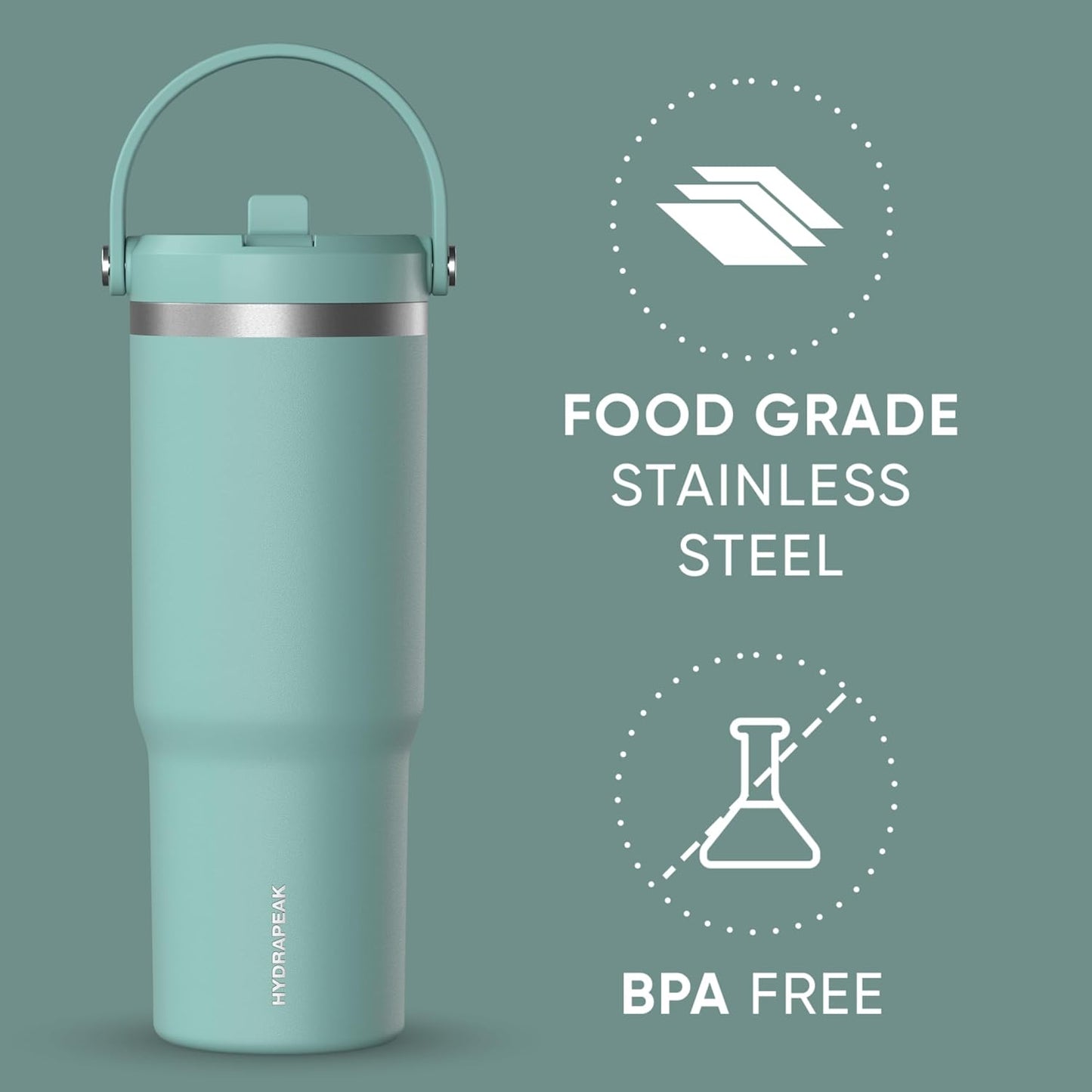 Hydrapeak Nomad 32oz Insulated Stainless Steel Travel Tumbler with Handle & Straw Lid, Leakproof, Cupholder Friendly, Keeps Drinks Cold 24 Hours, Reusable Bottle for Daily Hydration (Pale Sage)