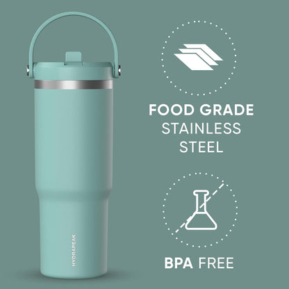 Hydrapeak Nomad 32oz Insulated Stainless Steel Travel Tumbler with Handle & Straw Lid, Leakproof, Cupholder Friendly, Keeps Drinks Cold 24 Hours, Reusable Bottle for Daily Hydration (Pale Sage)