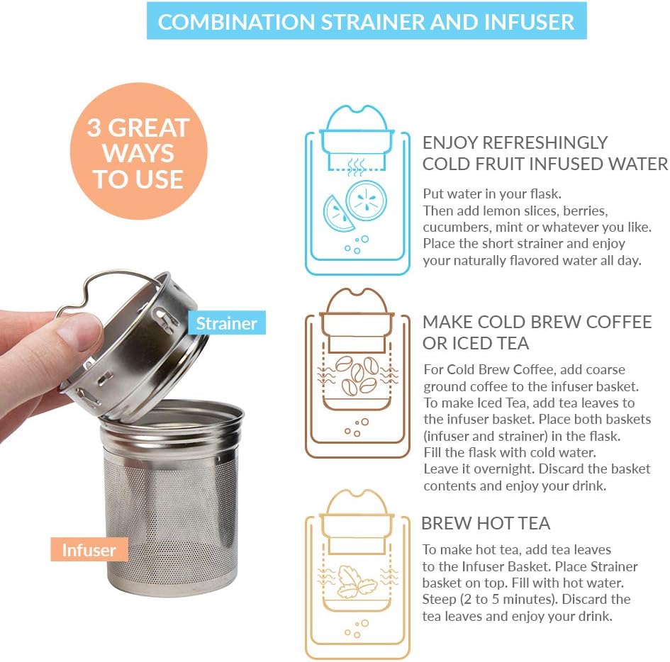 MIRA 18 oz Tea Infuser Thermo - Stainless Steel Travel Bottle with Removable Strainer for Loose Leaf Tea - Insulated Hot & Cold Brew Steeper - White