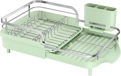 SAYZH Dish Drying Rack - Expandable Dish Rack for Kitchen Counter, Rust-Resistant Dish Drainer with Utensil Holder and Raised Guardrail, Kitchen Organizer for Cup and Bottle (Black)
