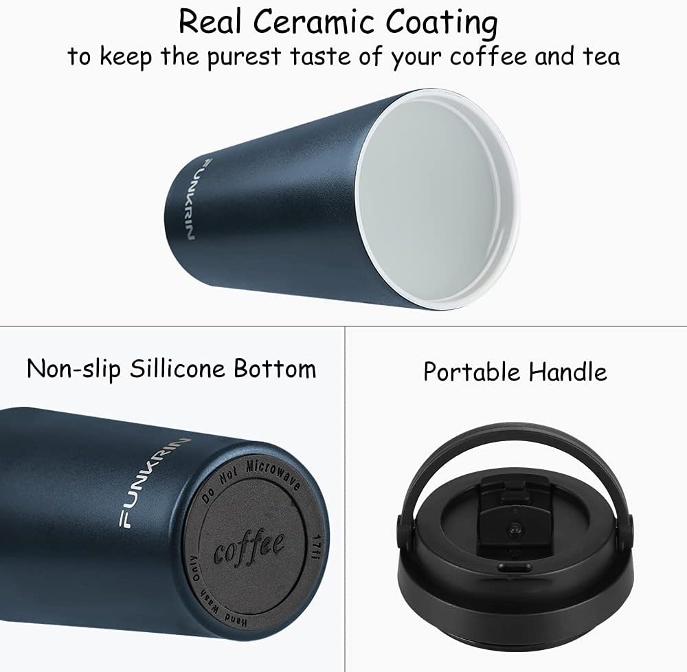 Funkrin Insulated Coffee Mug with Ceramic Coating, 16oz Iced Coffee Tumbler Cup with Flip Lid and Handle, Double Wall Vacuum Leak-Proof Travel Mug for Office School Party Camping