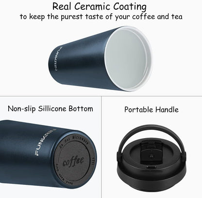 Funkrin Insulated Coffee Mug with Ceramic Coating, 16oz Iced Coffee Tumbler Cup with Flip Lid and Handle, Double Wall Vacuum Leak-Proof Travel Mug for Office School Party Camping