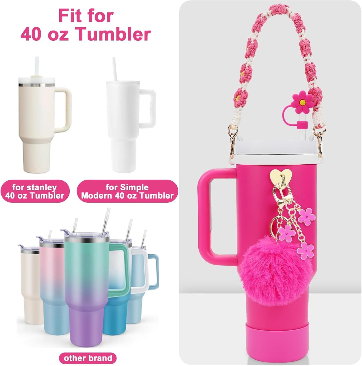 3tyto 13 Pcs Stanley Cup Accessories Set Including Water Bottle Handle Strap, Siliocne Stanley Cup Boot, Siliocne Straw Cover, Stanley Charms for Stanleys Cup 40oz & 30oz Tumbler
