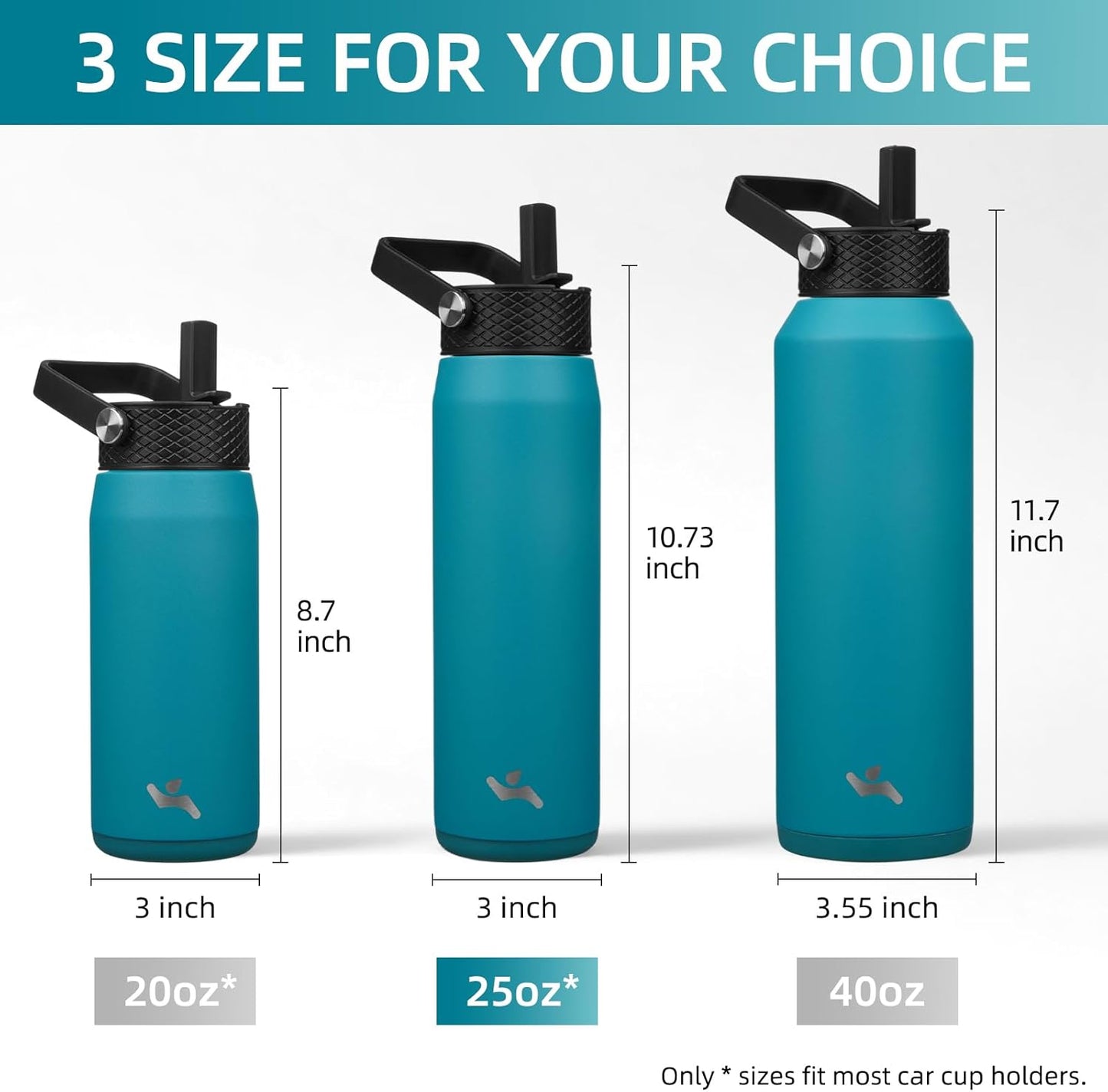 Konokyo 22oz Stainless Steel Bottles with 3 Lids Sport Insulated Water Bottle,Mint