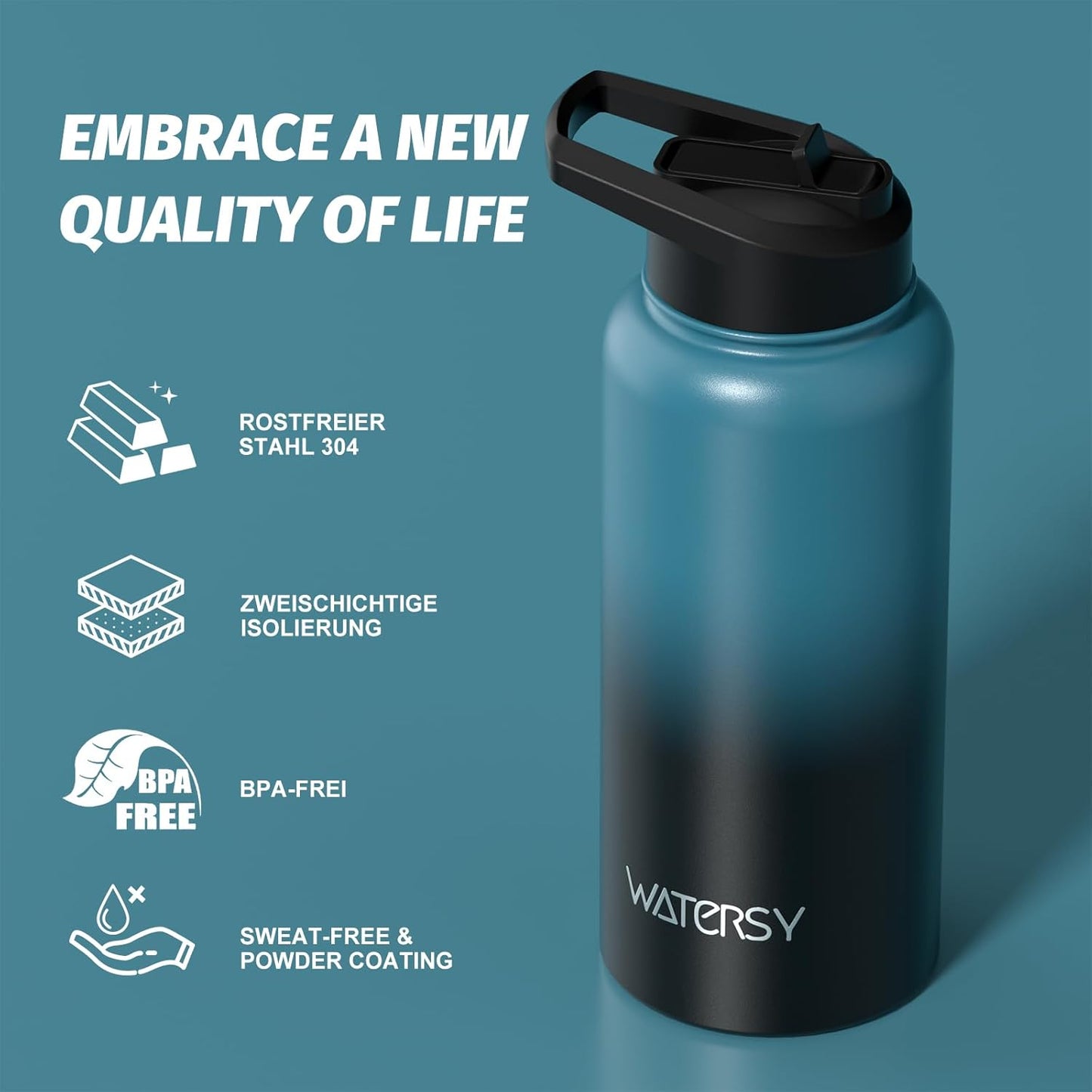 40oz Insulated Water Bottle (Cold for 48 Hrs),BPA Free&Leak Proof,Stainless Steel Water Flask,Water Jug with Straw Spout Lids for Gym,Hiking,Travel,Black Blue