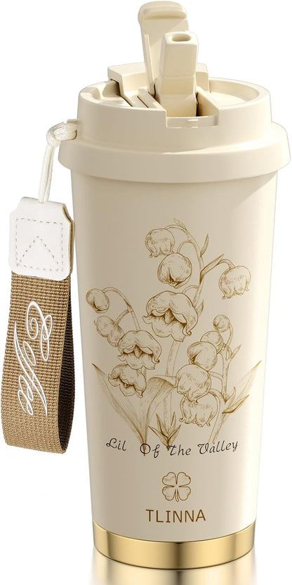 [2-IN-1 LID] Travel Mug,Coffe mug,Coffe cup,Ceramic coating Lined,316 Stainless Steel,BPA Free,Vacuum Insulated Tumbler for Water, Iced Tea or Coffee, Smoothie and More (Peony-White, 18 Onuces)