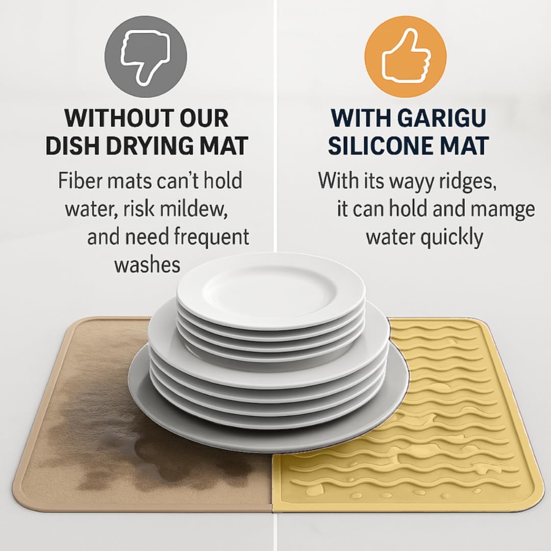 Silicone Drying Mat 16 × 12 – Gray Non-Slip Sink Mat for Kitchen Counter, Heat-Resistant Food-Grade Dish Pad, Easy-Clean Multipurpose Drawer Liner (Gray, 16'' x 12'')