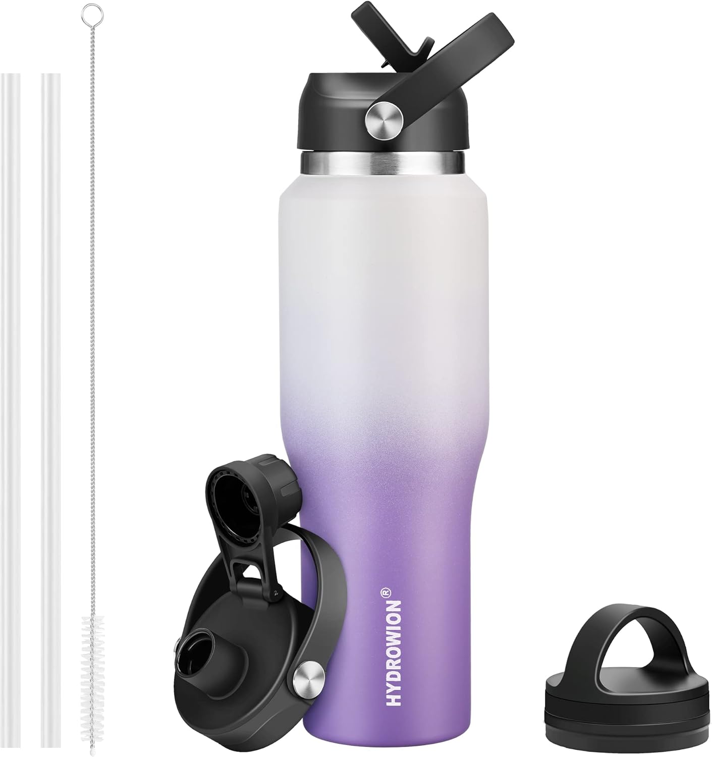 HYDROWION 32oz Stainless Steel Water Bottle(Cold for 48 Hrs, Hot for 24 Hrs),Double Wall Vacuum Insulated Water Bottle with Straw Lid, Spout Lid and Flex Cap, Fit in Any Car Cup Holder,Black