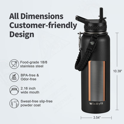WixByti 40 oz Insulated Water Bottle with Straw (Cold for 36 Hrs), Stainless Steel Triple Wall Vacuum Sports Water Jug, Leakproof Hydro Cup Flask with Paracord Handle & Straw Spout Lids & DIY Stickers