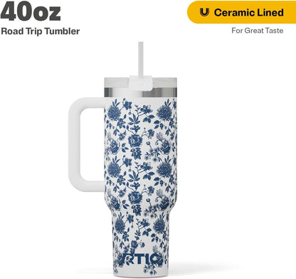 RTIC 30 oz Road Trip Tumbler Double-Walled Ceramic Lined InsulatedStainless Steel Portable Travel Coffee Mug Cup with Lid, Handle and Straw, Periwinkle Bouquet