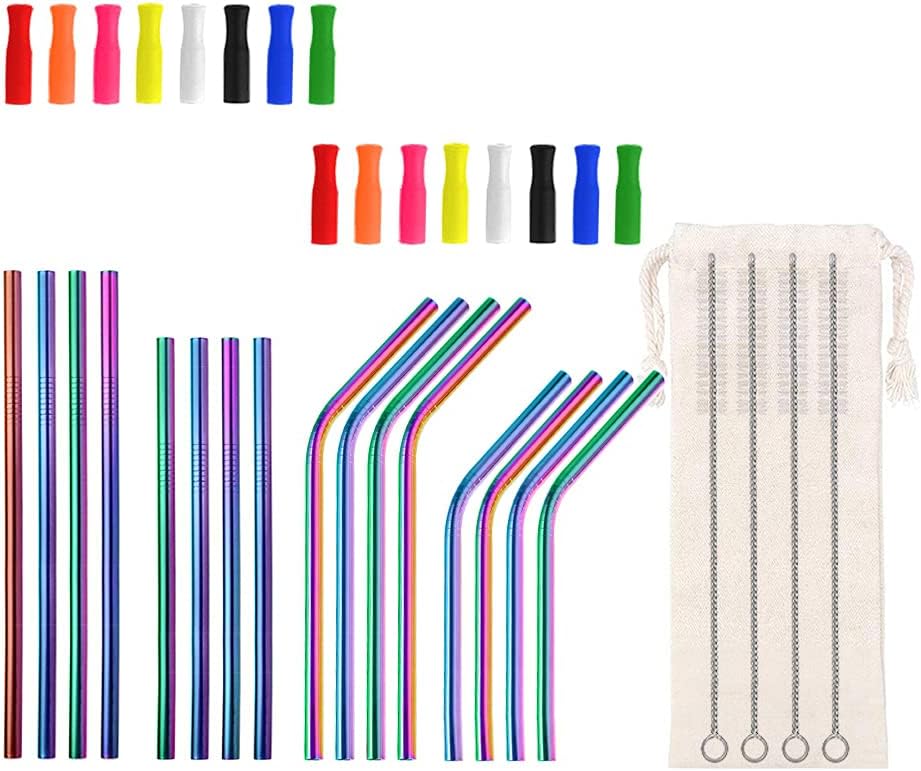 Lazycorner 16 Pcs Metal Straw Reusable 8.5" 10.5" 6mm Stainless Steel Straws for Tumblers 20oz-32oz, Rainbow Drinking Straws with Silicone Tips, 4 Straw Cleaner Brush, 1 Travel Case