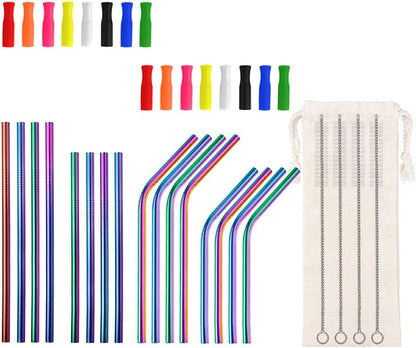 Lazycorner 16 Pcs Metal Straw Reusable 8.5" 10.5" 6mm Stainless Steel Straws for Tumblers 20oz-32oz, Rainbow Drinking Straws with Silicone Tips, 4 Straw Cleaner Brush, 1 Travel Case